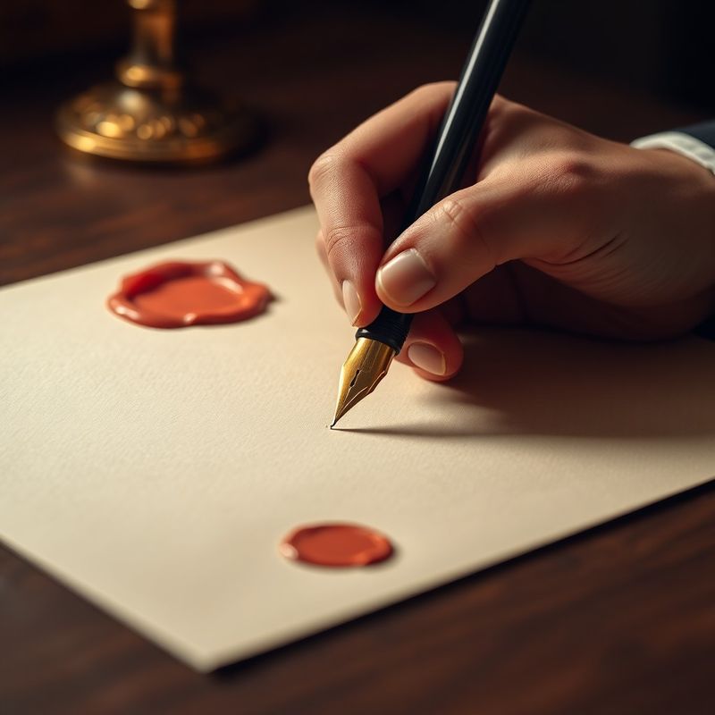 Stilou semnând un document juridic cu sigiliu de ceară coral